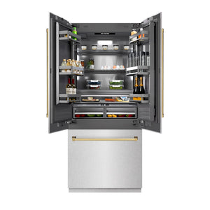 ZLINE Autograph Edition 36 in. 19.6 cu. ft. French Door Built-In Bottom Freezer Refrigerator with Water Dispenser and Ice Maker in Satin Stainless Steel with Graphite Gray Interior and Polished Gold Accents (GRBIVZ-SN-36-G) front, open.