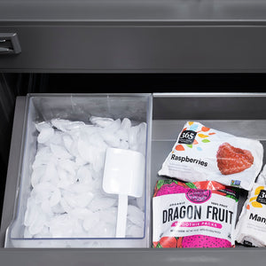 ZLINE Autograph Edition 36 in. 19.6 cu. ft. French Door Built-In Bottom Freezer Refrigerator with Water Dispenser and Ice Maker in Satin Stainless Steel with Graphite Gray Interior and Matte Black Accents (GRBIVZ-SN-36-MB) ice bin and scoop.