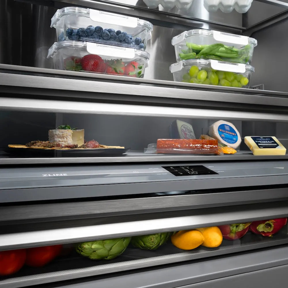 ZLINE Autograph Edition 60 in. 32.2 cu. ft. French Door Built-In Bottom Freezer Refrigerator with Water Dispenser and Ice Maker in Satin Stainless Steel with Graphite Gray Interior and Champagne Bronze Accents (GRBIVZ-SN-60-CB) flex drawer detail.
