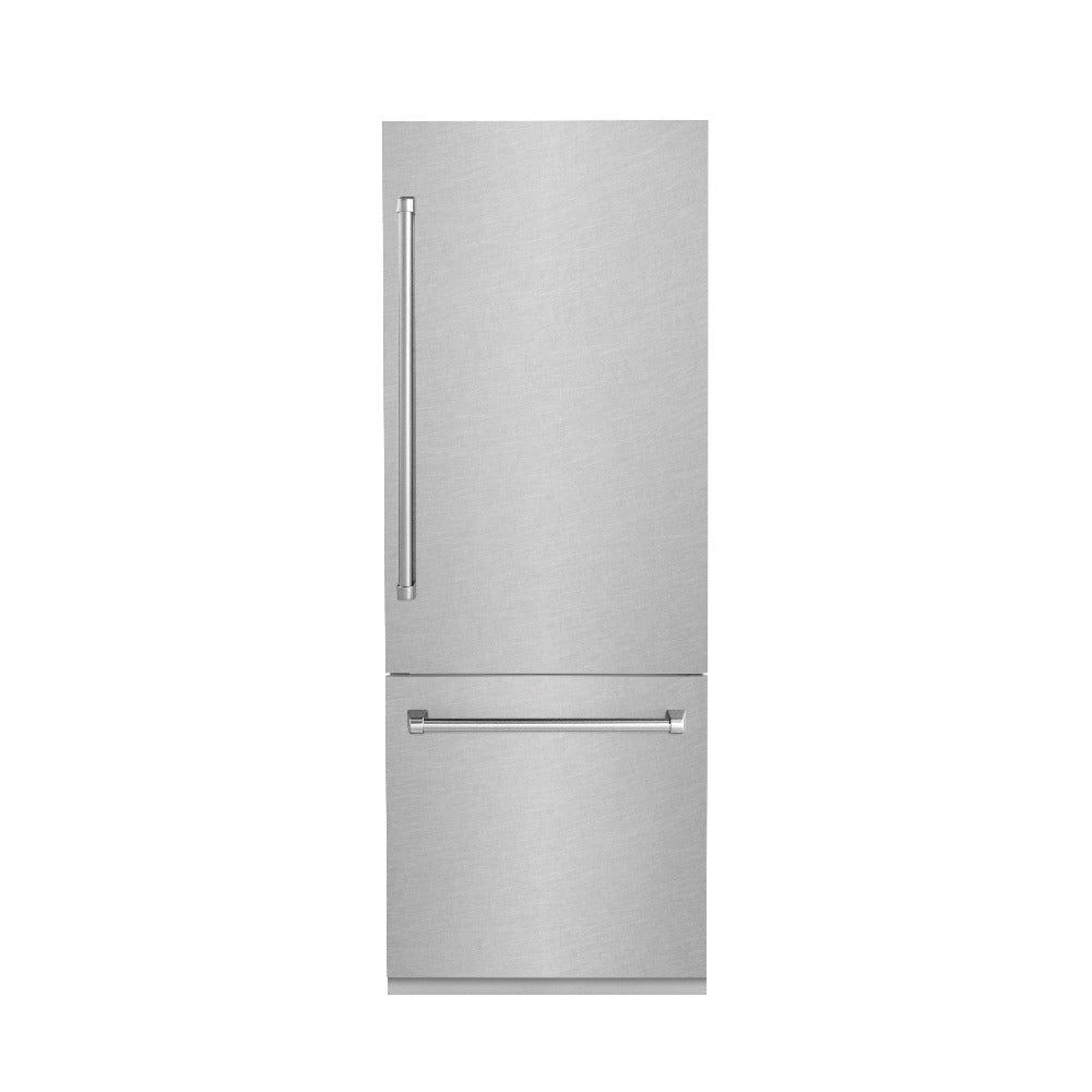 ZLINE 30 in. 16.1 cu. ft. Built-in 2-Door Bottom Freezer Refrigerator with Internal Water and Ice Dispenser in Fingerprint Resistant Stainless Steel (RBIV-SN-30) front, closed.