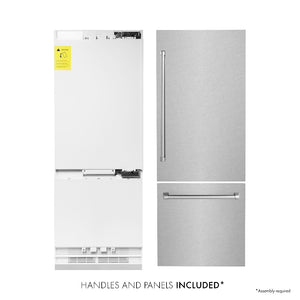 ZLINE 30 in. 16.1 cu. ft. Built-in 2-Door Bottom Freezer Refrigerator with Internal Water and Ice Dispenser in Fingerprint Resistant Stainless Steel (RBIV-SN-30) front, refrigeration unit next to panels and handles. Text: Handles and Panels Included.