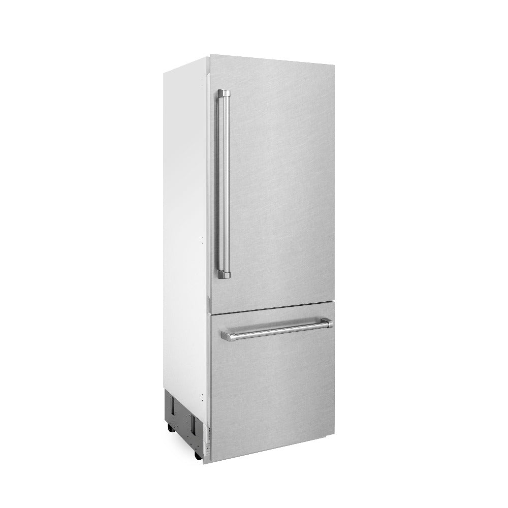 ZLINE 30 in. 16.1 cu. ft. Built-in 2-Door Bottom Freezer Refrigerator with Internal Water and Ice Dispenser in Fingerprint Resistant Stainless Steel (RBIV-SN-30) side.