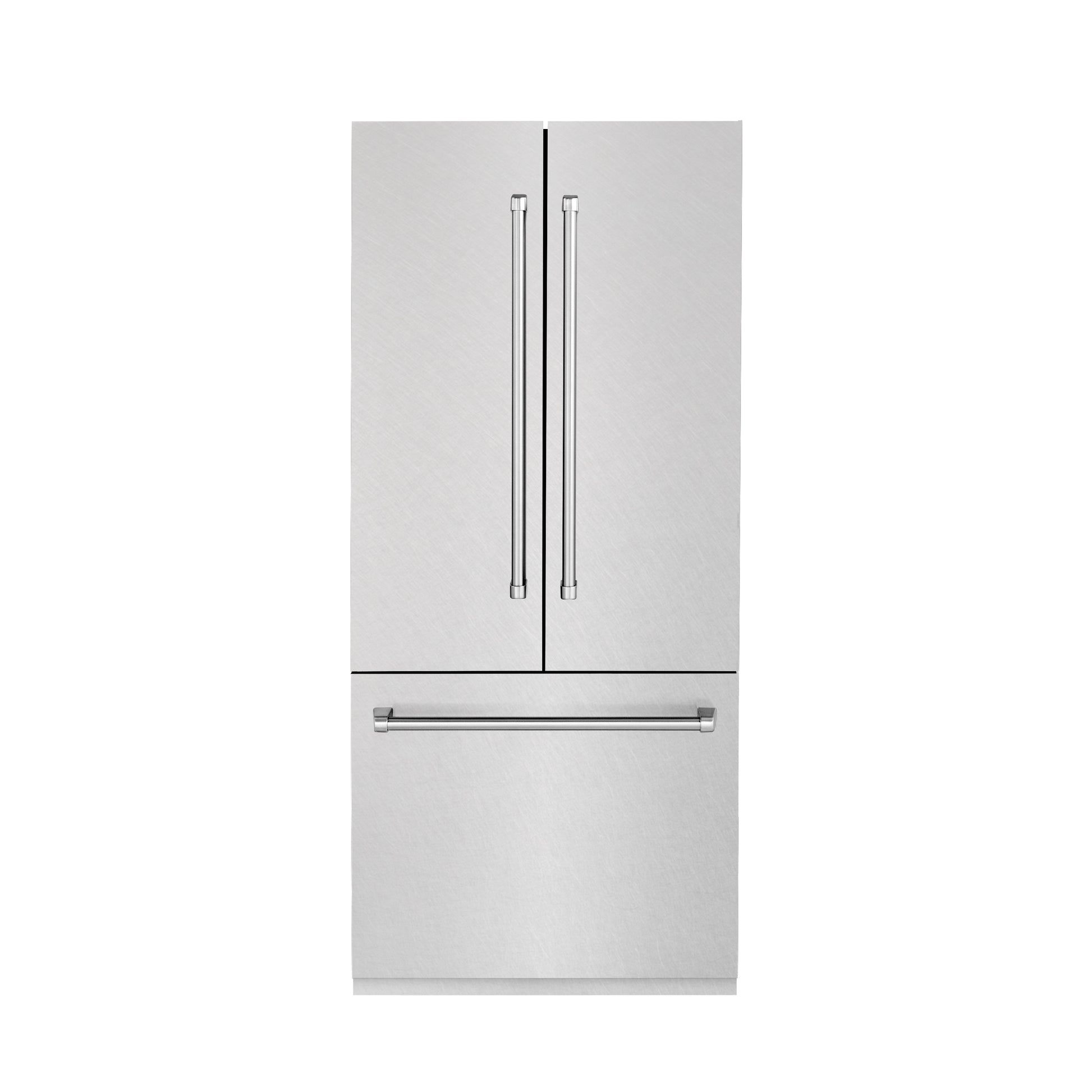 ZLINE 36 in. 19.6 cu. ft. Built-In 3-Door French Door Refrigerator with Internal Water and Ice Dispenser in Fingerprint Resistant Stainless Steel (RBIV-SN-36) front, closed.