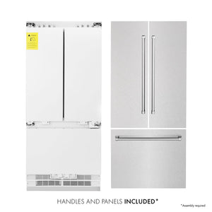 ZLINE 36 in. 19.6 cu. ft. Built-In 3-Door French Door Refrigerator with Internal Water and Ice Dispenser in Fingerprint Resistant Stainless Steel (RBIV-SN-36) front, refrigeration unit next to panels and handles. Text: Handles and Panels Included.