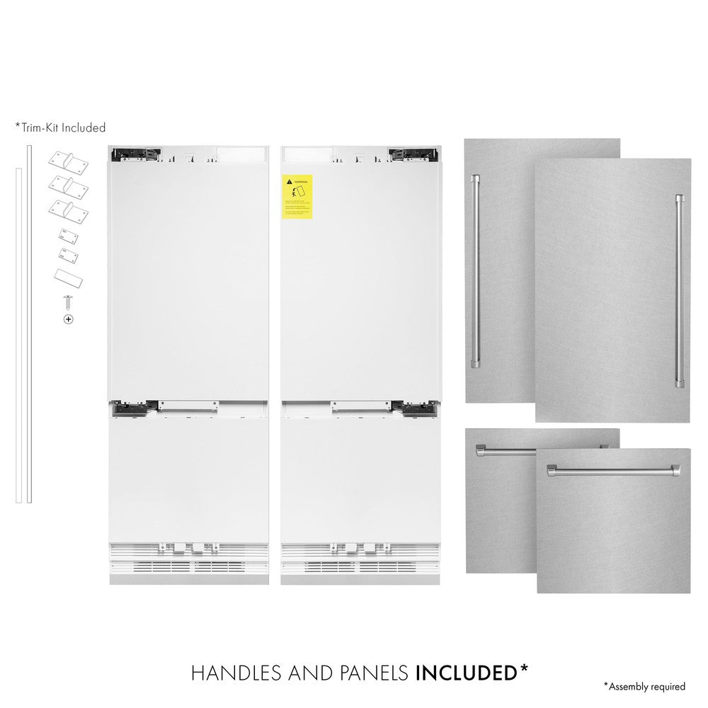 ZLINE 60 in. 32.2 cu. ft. Built-In 4-Door French Door Refrigerator with Internal Water and Ice Dispenser in Fingerprint Resistant Stainless Steel (RBIV-SN-60) front, refrigeration unit next to panels and handles. Text: Handles and Panels Included.