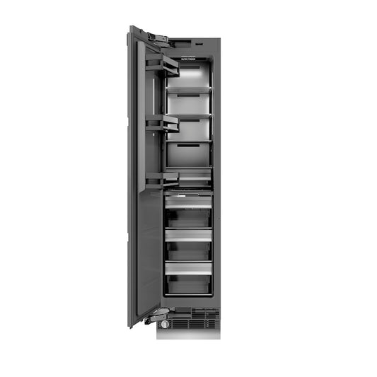 ZLINE Autograph Edition 18 in. 8.6 cu. ft. Panel Ready Left Hinge Column Freezer with Graphite Gray Interior and Champagne Bronze Accents (RBCFVLZ-18-CB) front, open.