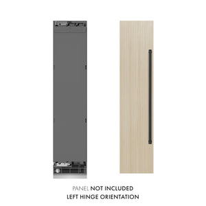 ZLINE Autograph Edition 18 in. 8.6 cu. ft. Panel Ready Left Hinge Column Freezer with Graphite Gray Interior and Matte Black Accents (RBCFVLZ-18-MB) front, next to custom panel and handle. Text: Panel not included. Left hinge orientation.