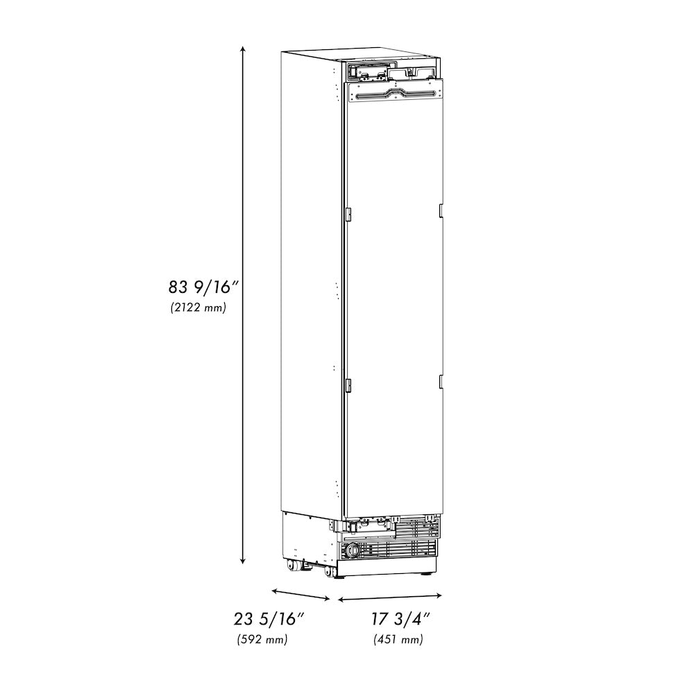 ZLINE 18 in. 8.6 cu. ft. Panel Ready Right Hinge Column Freezer with Graphite Gray Interior (RBCFVR-18) dimensional diagram.