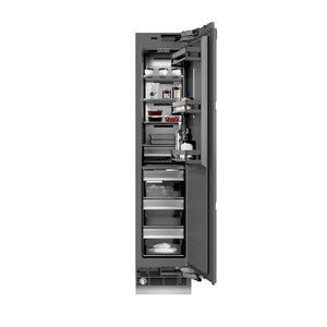 ZLINE 18 in. 8.6 cu. ft. Panel Ready Right Hinge Column Freezer with Graphite Gray Interior (RBCFVR-18) front, open, with food inside.