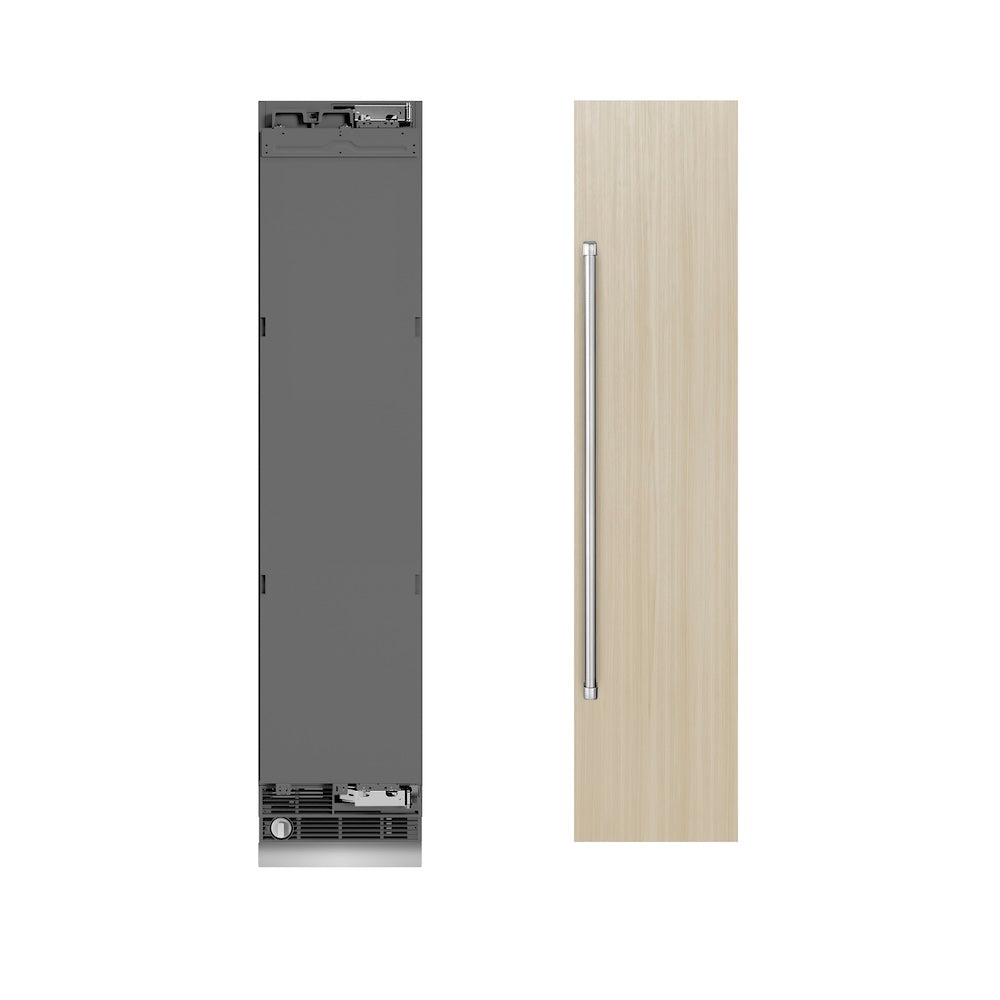 ZLINE 18 in. 8.6 cu. ft. Panel Ready Right Hinge Column Freezer with Graphite Gray Interior (RBCFVR-18) front, next to custom panels and handles.