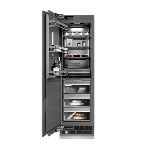 ZLINE Autograph Edition 24 in. 12.4 cu. ft. Panel Ready Column Freezer with Graphite Gray Interior and Polished Gold Accents (RBCFVZ-24-G) front, open, with food inside.