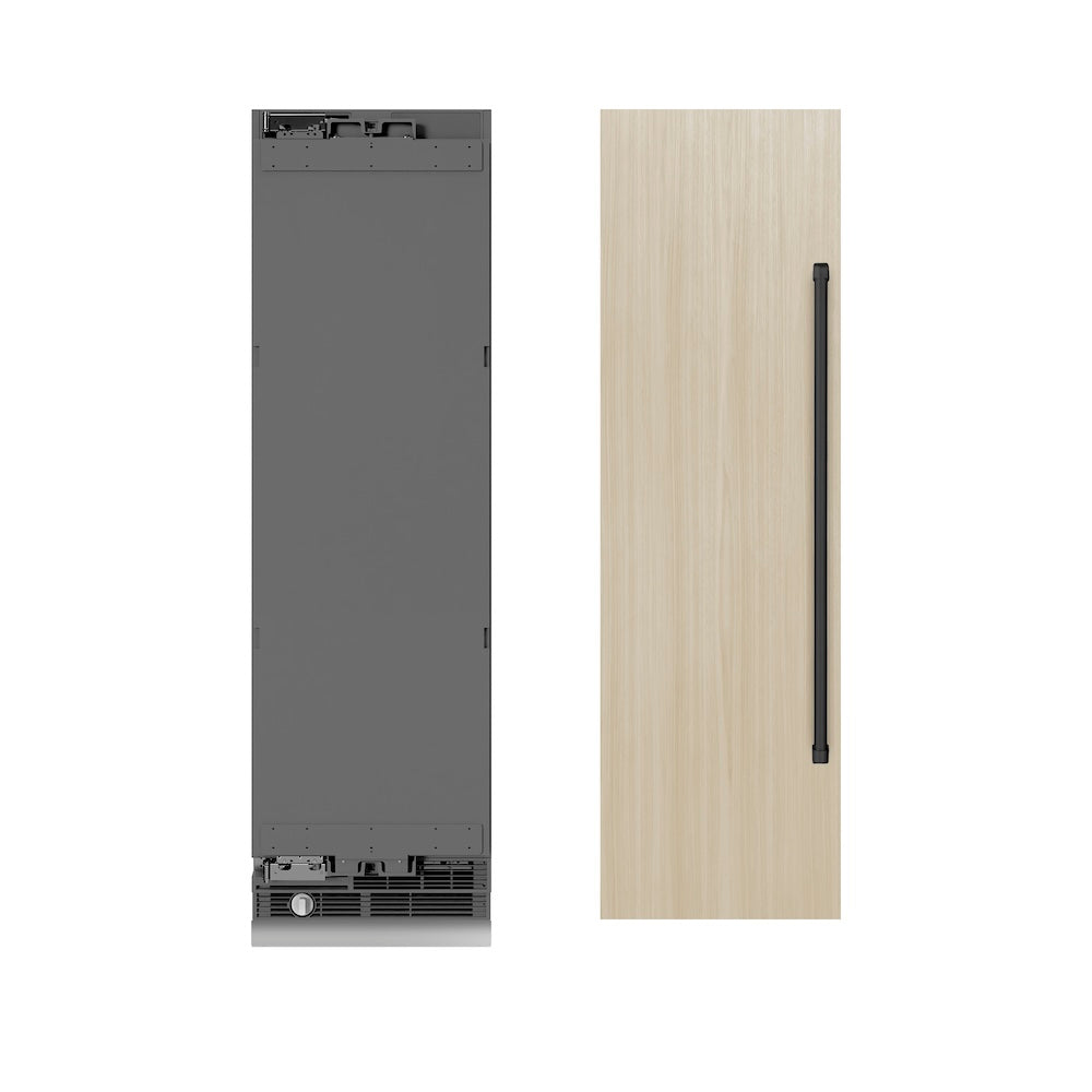 ZLINE Autograph Edition 24 in. 12.4 cu. ft. Panel Ready Column Freezer with Graphite Gray Interior and Matte Black Accents (RBCFVZ-24-MB) front, next to custom panels and handles.