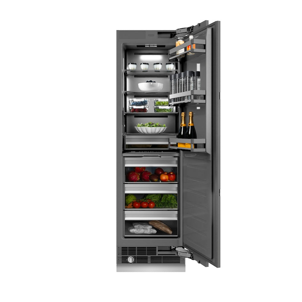 ZLINE 24 in. 12.5 cu. ft. Panel Ready Column Refrigerator with Graphite Gray Interior (RBCRV-24) front, open, with food inside.