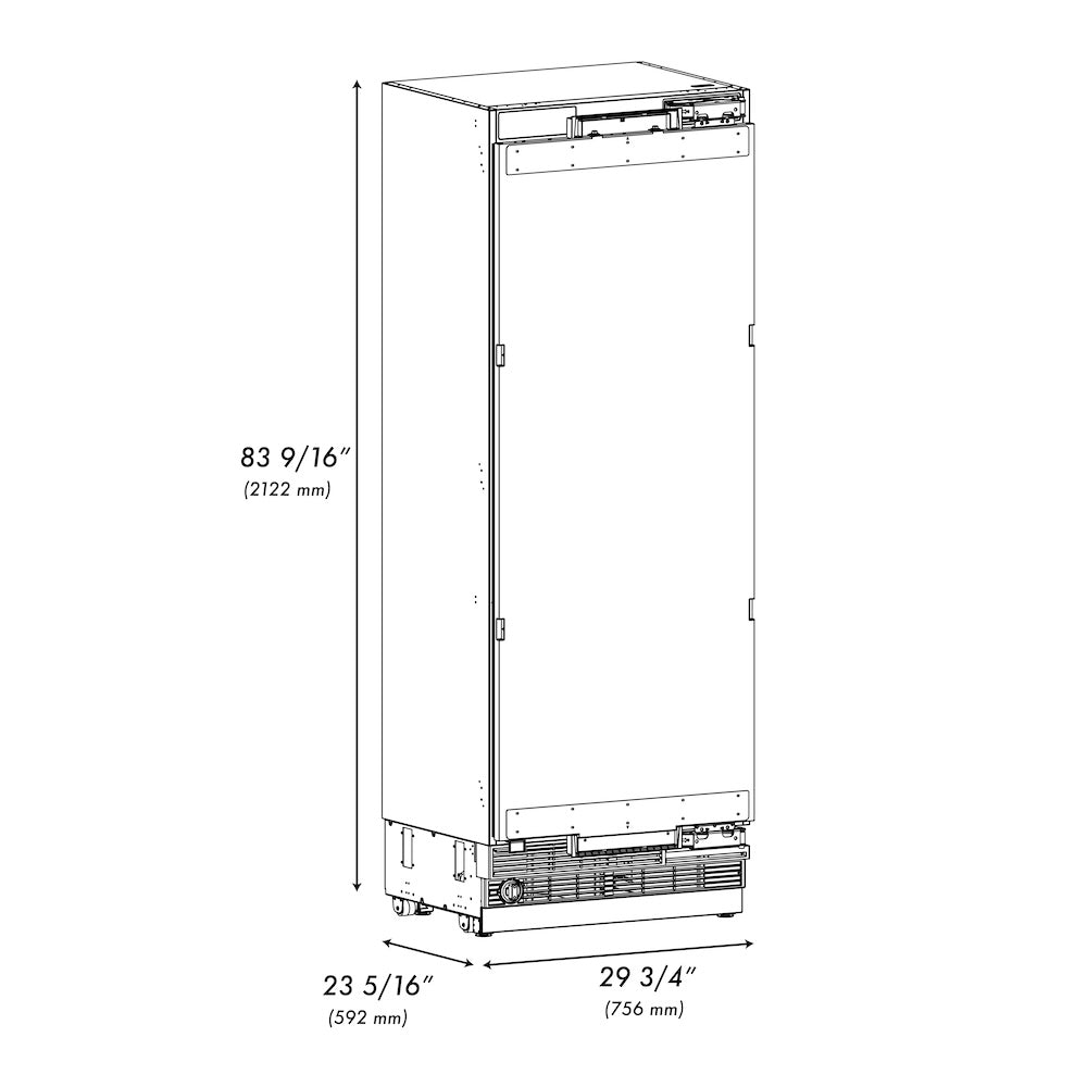 ZLINE 30 in. 16.7 cu. ft. Panel Ready Column Refrigerator with Graphite Gray Interior (RBCRV-30) dimensional diagram.