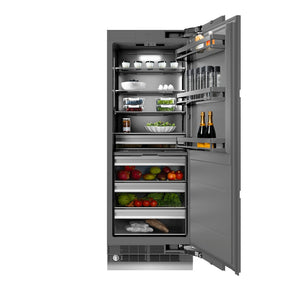 ZLINE 30 in. 16.7 cu. ft. Panel Ready Column Refrigerator with Graphite Gray Interior (RBCRV-30) front, open, with food inside.