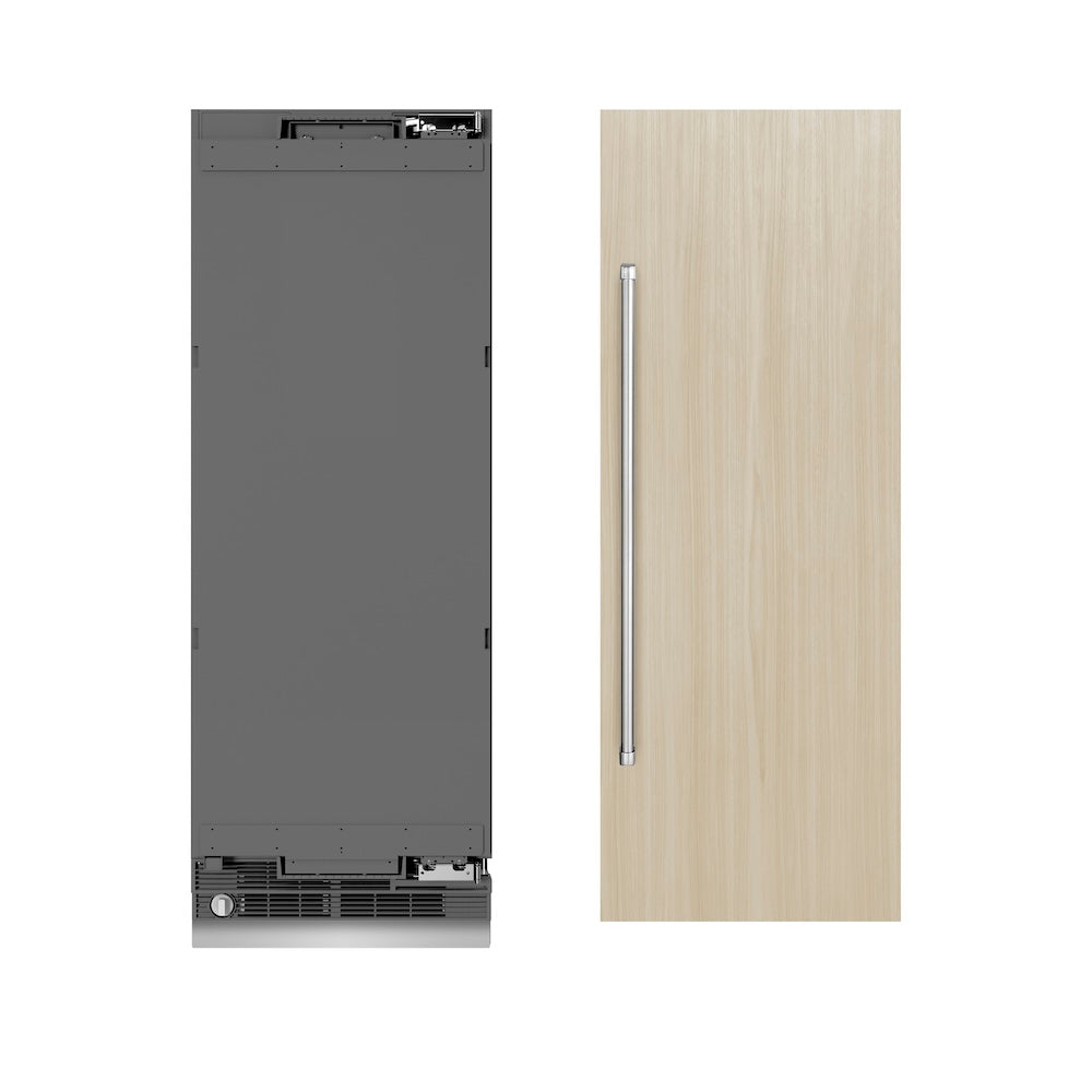 ZLINE 30 in. 16.7 cu. ft. Panel Ready Column Refrigerator with Graphite Gray Interior (RBCRV-30) front, next to custom panels and handles.