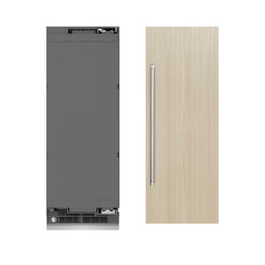 ZLINE 30 in. 16.7 cu. ft. Panel Ready Column Refrigerator with Graphite Gray Interior (RBCRV-30) front, next to custom panels and handles.