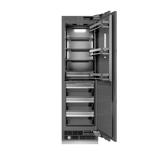 ZLINE Autograph Edition 24 in. 12.5 cu. ft. Panel Ready Column Refrigerator with Graphite Gray Interior and Matte Black Accents (RBCRVZ-24-MB) front, open.