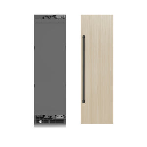 ZLINE Autograph Edition 24 in. 12.5 cu. ft. Panel Ready Column Refrigerator with Graphite Gray Interior and Matte Black Accents (RBCRVZ-24-MB) front, next to custom panels and handles.