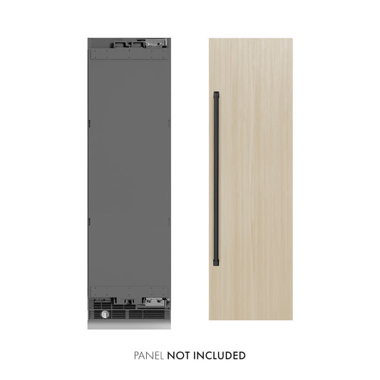 ZLINE Autograph Edition 24 in. 12.5 cu. ft. Panel Ready Column Refrigerator with Graphite Gray Interior and Matte Black Accents (RBCRVZ-24-MB) front, next to custom panel and handle. Text: Panel not included.