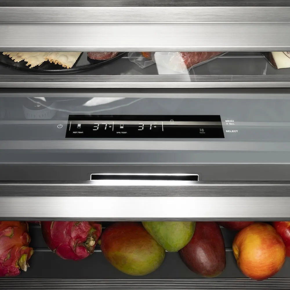 ZLINE Autograph Edition 30 in. 16.7 cu. ft. Panel Ready Column Refrigerator with Graphite Gray Interior and Champagne Bronze Accents (RBCRVZ-30-CB) control panel and display.