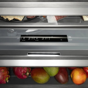 ZLINE Autograph Edition 30 in. 16.7 cu. ft. Panel Ready Column Refrigerator with Graphite Gray Interior and Champagne Bronze Accents (RBCRVZ-30-CB) control panel and display.