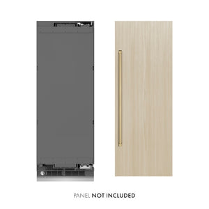 ZLINE Autograph Edition 30 in. 16.7 cu. ft. Panel Ready Column Refrigerator with Graphite Gray Interior and Champagne Bronze Accents (RBCRVZ-30-CB) front, next to custom panel and handle. Text: Panel not included.