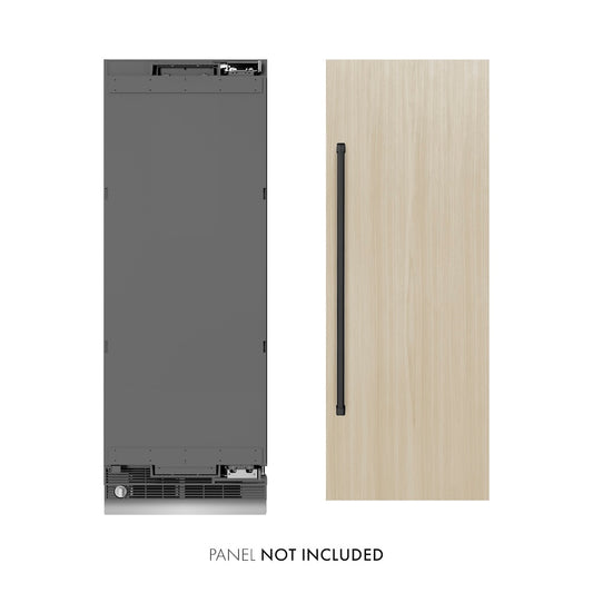 ZLINE Autograph Edition 30 in. 16.7 cu. ft. Panel Ready Column Refrigerator with Graphite Gray Interior and Matte Black Accents (RBCRVZ-30-MB) front, next to custom panel and handle. Text: Panel not included.