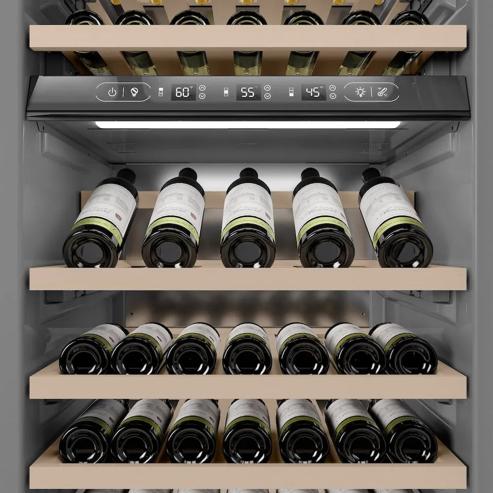 ZLINE 24 in. 12.4 cu. ft. Triple Zone 100 Bottle Panel Ready Column Wine Cooler (RBCWV-24) internal storage racks and controls.