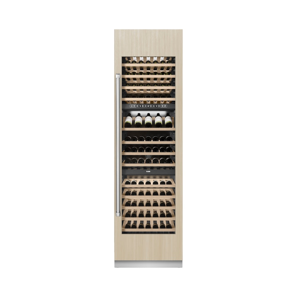 ZLINE 24 in. 12.4 cu. ft. Triple Zone 100 Bottle Panel Ready Column Wine Cooler (RBCWV-24) front, closed, with custom panel.