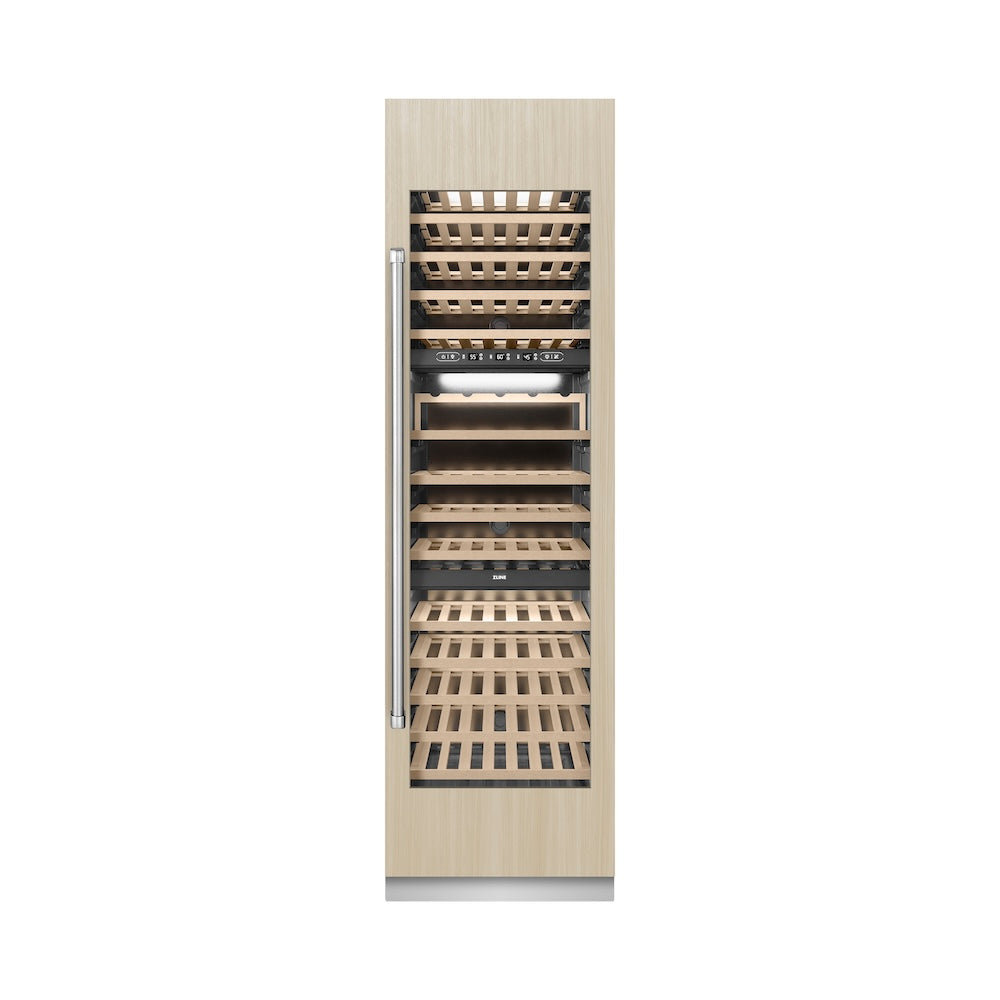 ZLINE 24 in. 12.4 cu. ft. Triple Zone 100 Bottle Panel Ready Column Wine Cooler (RBCWV-24) front, closed, with custom panel.