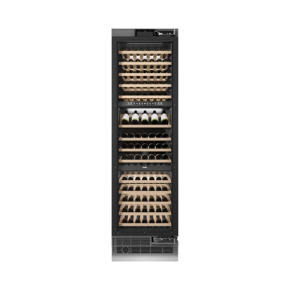 ZLINE 24 in. 12.4 cu. ft. Triple Zone 100 Bottle Panel Ready Column Wine Cooler (RBCWV-24) front, closed.