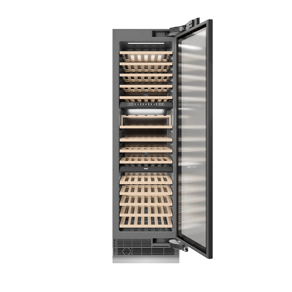 ZLINE 24 in. 12.4 cu. ft. Triple Zone 100 Bottle Panel Ready Column Wine Cooler (RBCWV-24) front, open.