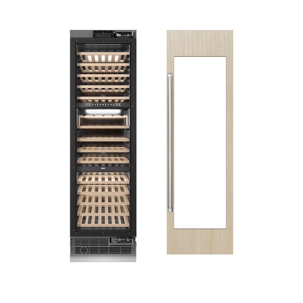 ZLINE 24 in. 12.4 cu. ft. Triple Zone 100 Bottle Panel Ready Column Wine Cooler (RBCWV-24) front, next to custom panels and handles.