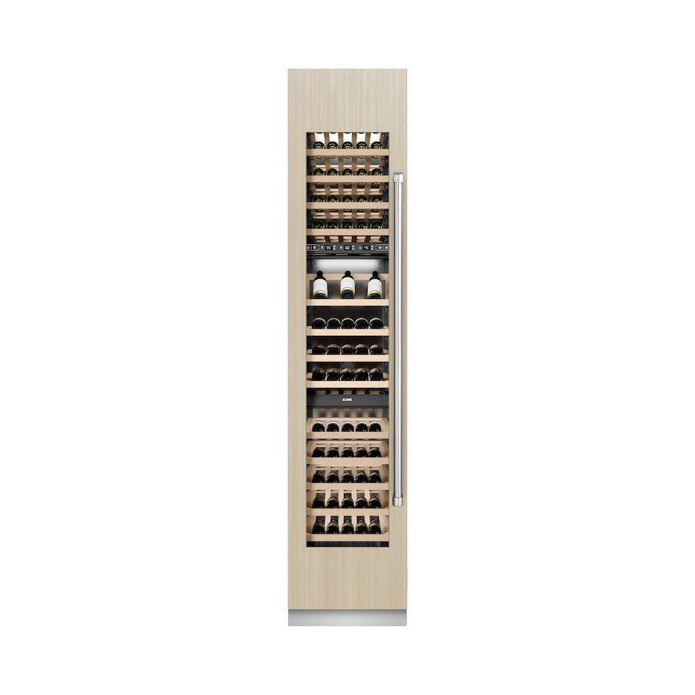 ZLINE 18 in. 9.0 cu. ft. Triple Zone 68 Bottle Panel Ready Left Hinge Column Wine Cooler (RBCWVL-18) front, closed, with custom panel.