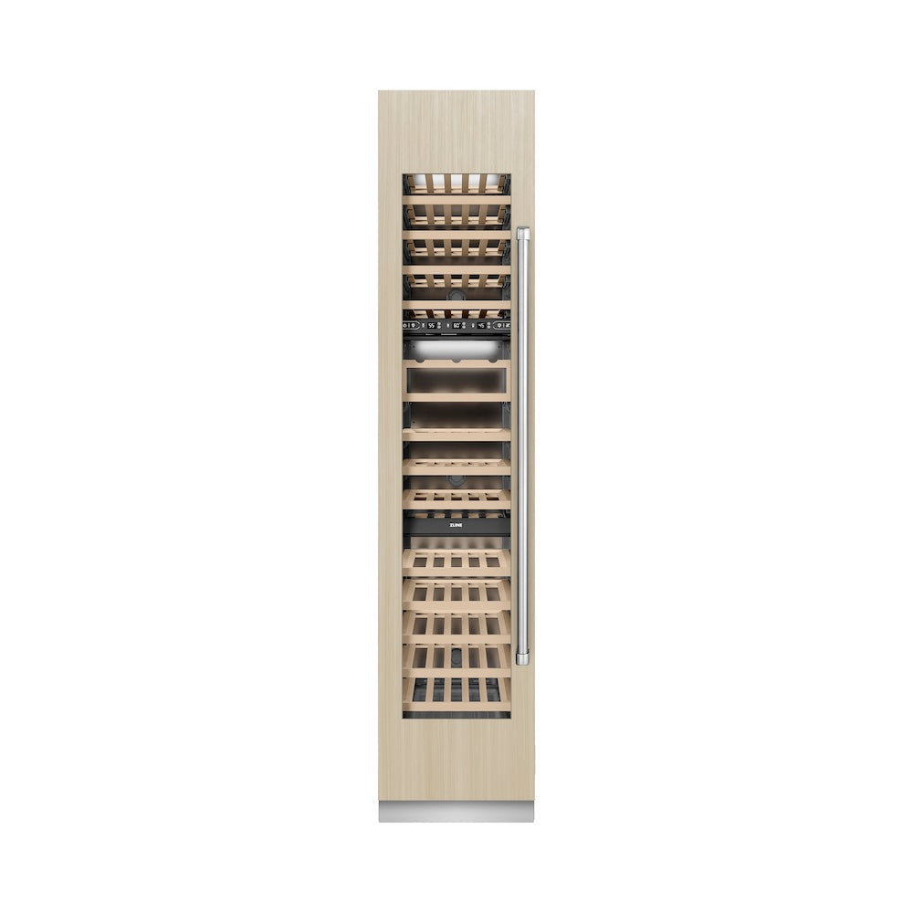 ZLINE 18 in. 9.0 cu. ft. Triple Zone 68 Bottle Panel Ready Left Hinge Column Wine Cooler (RBCWVL-18) front, closed, with custom panel.