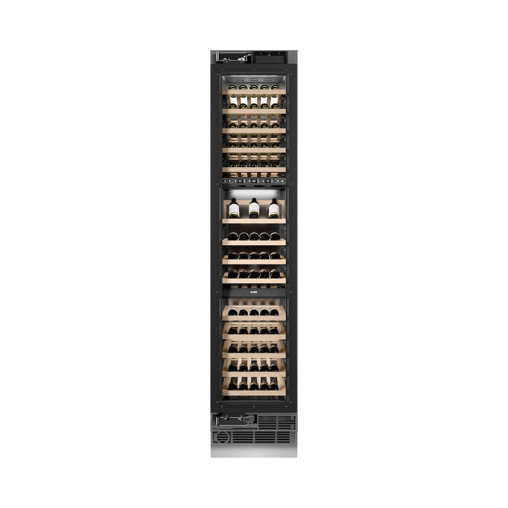 ZLINE 18 in. 9.0 cu. ft. Triple Zone 68 Bottle Panel Ready Left Hinge Column Wine Cooler (RBCWVL-18) front, closed.