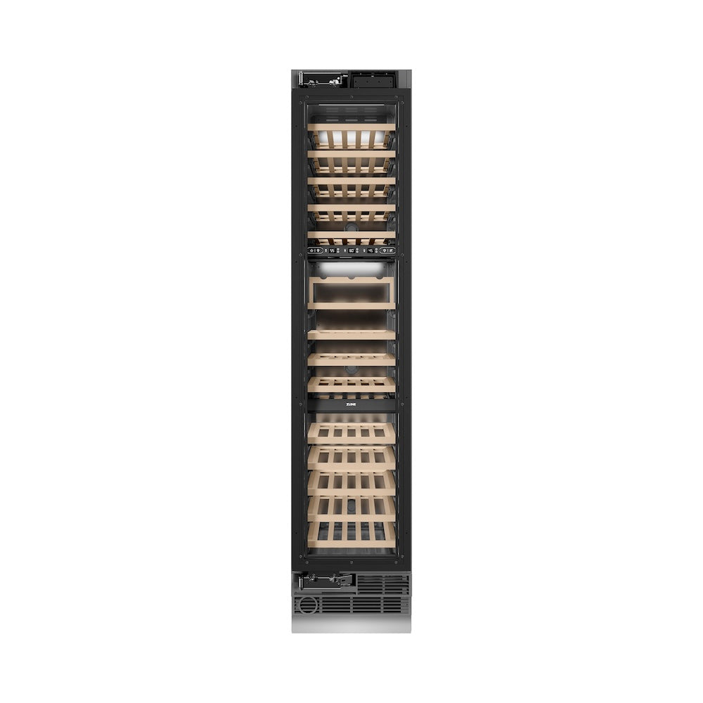 ZLINE 18 in. 9.0 cu. ft. Triple Zone 68 Bottle Panel Ready Left Hinge Column Wine Cooler (RBCWVL-18) front, closed.