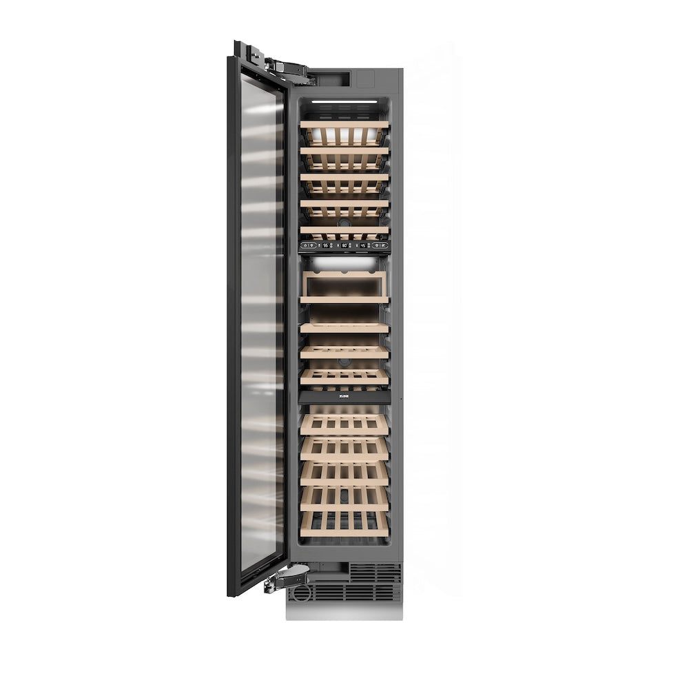 ZLINE 18 in. 9.0 cu. ft. Triple Zone 68 Bottle Panel Ready Left Hinge Column Wine Cooler (RBCWVL-18) front, open.