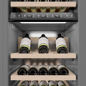 ZLINE Autograph Edition 18 in. 9.0 cu. ft. Triple Zone 68 Bottle Panel Ready Left Hinge Column Wine Cooler with Champagne Bronze Accents (RBCWVLZ-18-CB) internal storage racks and controls.