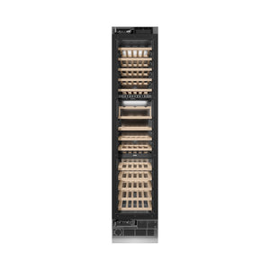 ZLINE Autograph Edition 18 in. 9.0 cu. ft. Triple Zone 68 Bottle Panel Ready Left Hinge Column Wine Cooler with Matte Black Accents (RBCWVLZ-18-MB) front, closed.