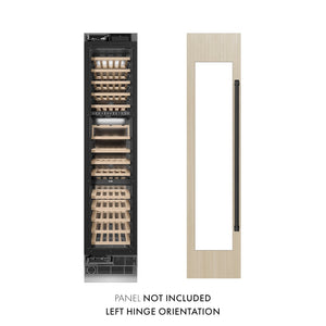 ZLINE Autograph Edition 18 in. 9.0 cu. ft. Triple Zone 68 Bottle Panel Ready Left Hinge Column Wine Cooler with Matte Black Accents (RBCWVLZ-18-MB) unit without panels next to custom panels. Text: Panel Not Included. Left Hinge Orientation.