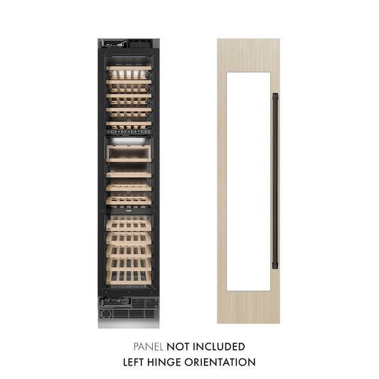 ZLINE Autograph Edition 18 in. 9.0 cu. ft. Triple Zone 68 Bottle Panel Ready Left Hinge Column Wine Cooler with Matte Black Accents (RBCWVLZ-18-MB) unit without panels next to custom panels. Text: Panel Not Included. Left Hinge Orientation.