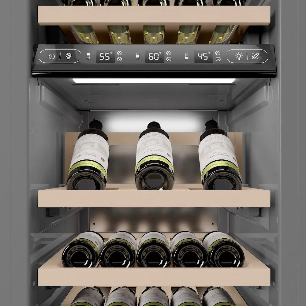 ZLINE 18 in. 9.0 cu. ft. Triple Zone 68 Bottle Panel Ready Right Hinge Column Wine Cooler (RBCWVR-18) internal storage racks and controls.