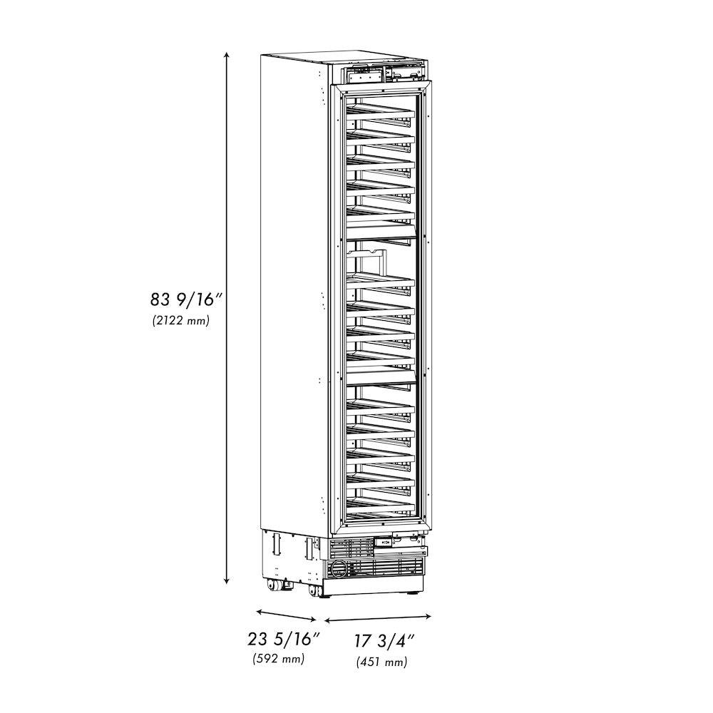 ZLINE 18 in. 9.0 cu. ft. Triple Zone 68 Bottle Panel Ready Right Hinge Column Wine Cooler (RBCWVR-18) dimensional diagram.