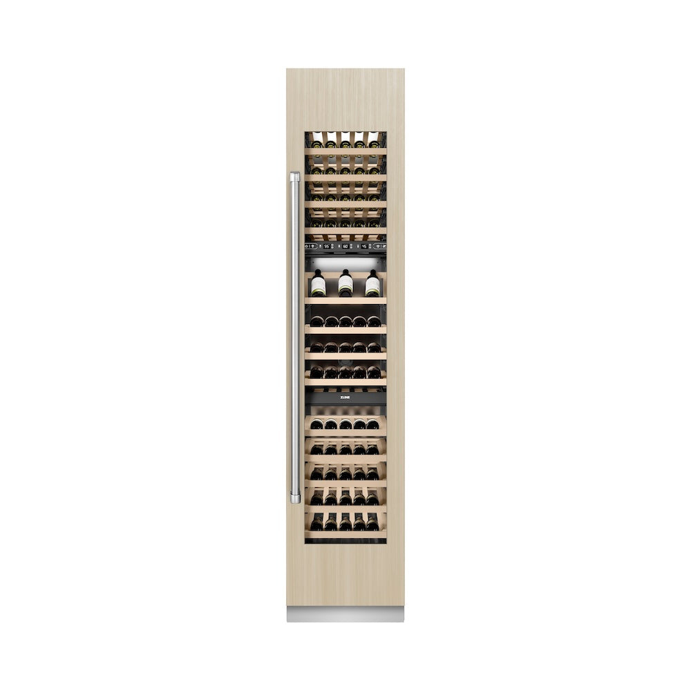 ZLINE 18 in. 9.0 cu. ft. Triple Zone 68 Bottle Panel Ready Right Hinge Column Wine Cooler (RBCWVR-18) front, closed, with custom panel.