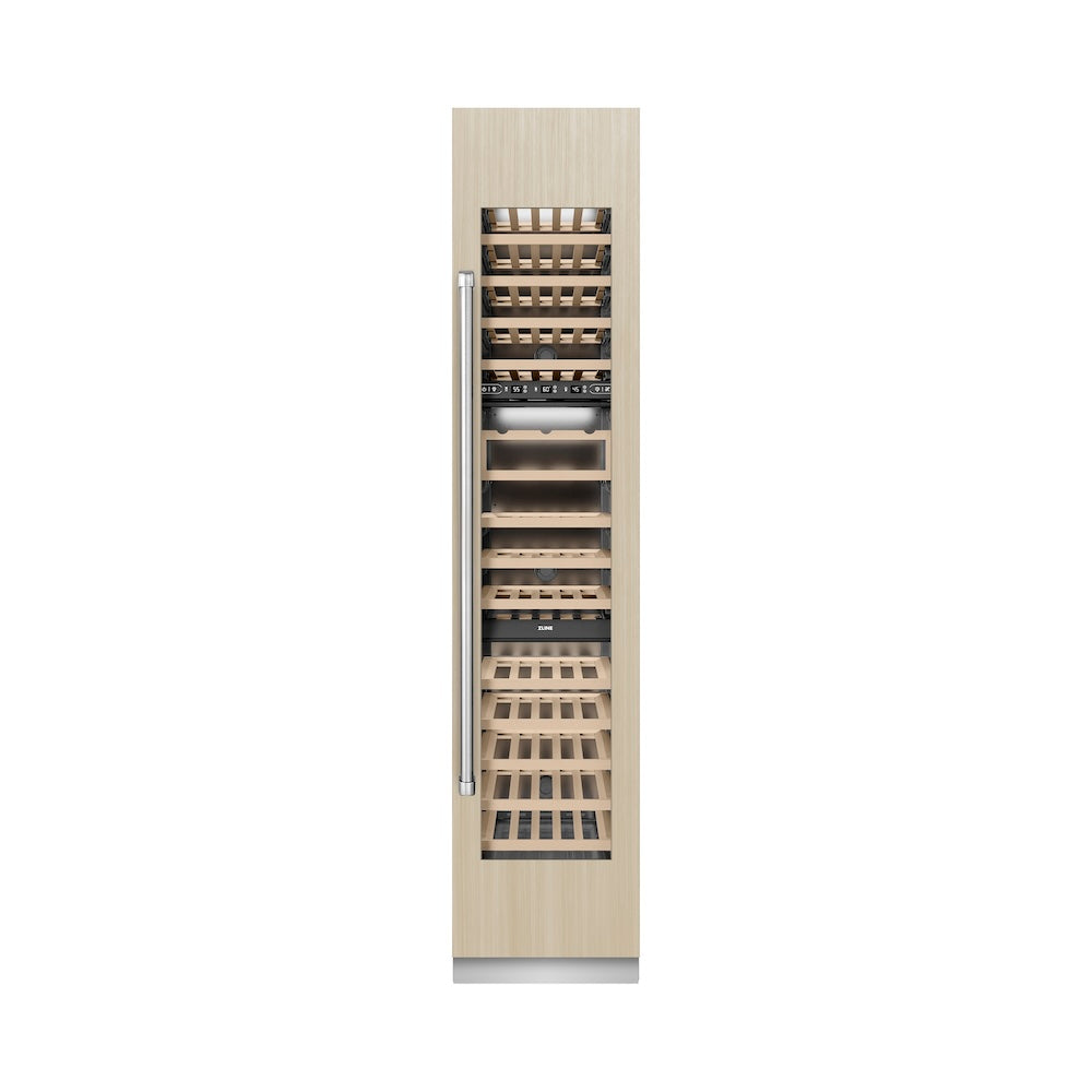 ZLINE 18 in. 9.0 cu. ft. Triple Zone 68 Bottle Panel Ready Right Hinge Column Wine Cooler (RBCWVR-18) front, closed, with custom panel.