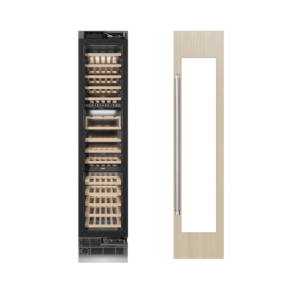 ZLINE 18 in. 9.0 cu. ft. Triple Zone 68 Bottle Panel Ready Right Hinge Column Wine Cooler (RBCWVR-18) front, next to custom panels and handles.