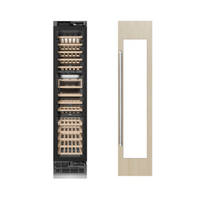 ZLINE 18 in. 9.0 cu. ft. Triple Zone 68 Bottle Panel Ready Right Hinge Column Wine Cooler (RBCWVR-18) front, next to custom panels and handles.