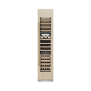 ZLINE Autograph Edition 18 in. 9.0 cu. ft. Triple Zone 68 Bottle Panel Ready Right Hinge Column Wine Cooler with Champagne Bronze Accents (RBCWVRZ-18-CB) front, closed, with custom panel.